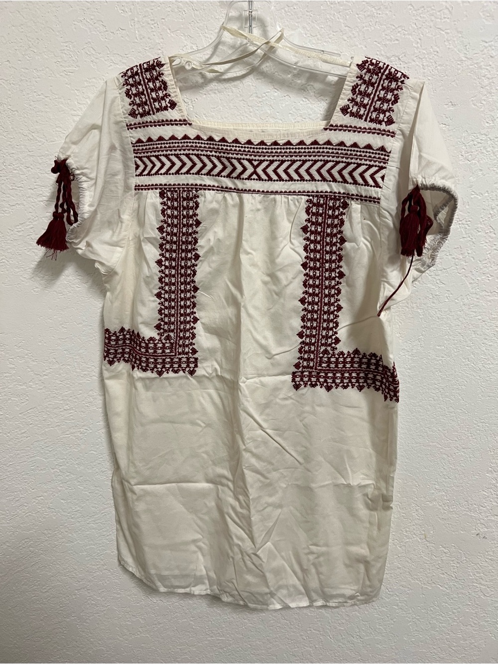 Embroidered Boho Square-Neck cotton shift dress in Ivory with Burgundy Accents